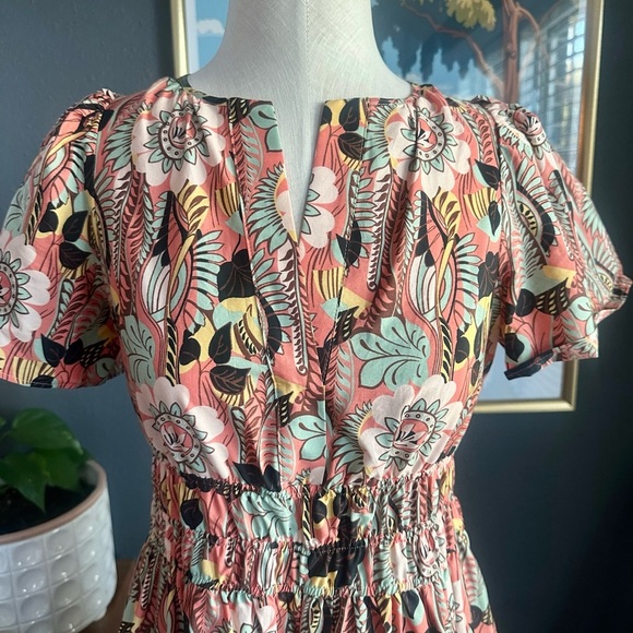 Maeve Anthropologie Coral Green Floral Puff Sleeve Ruffled Skirt Maxi Dress XS - Picture 3 of 11